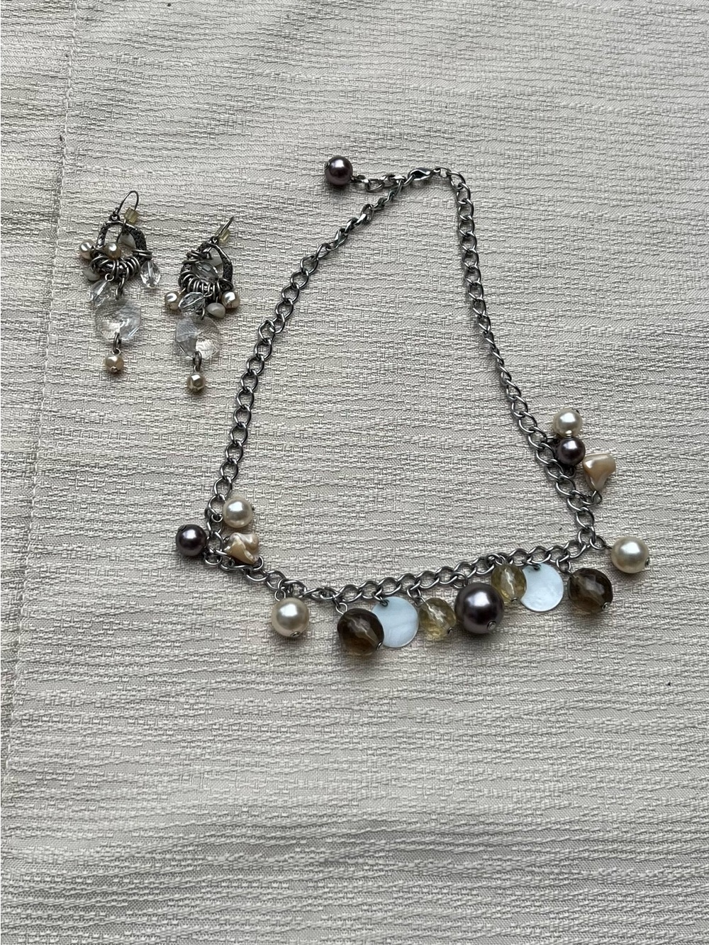 Pearl & Bead Charm Chain Necklace & Earrings